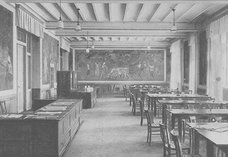 Blick in das studentische Tagesheim im Aulagebäude mit Wandgemälde von Prof. Albert Haueisen Postkarte um 1930