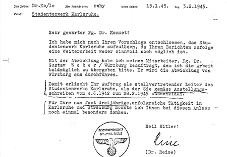 Schreiben zur Auflösung des Studentenwerks Karlsruhe 1945